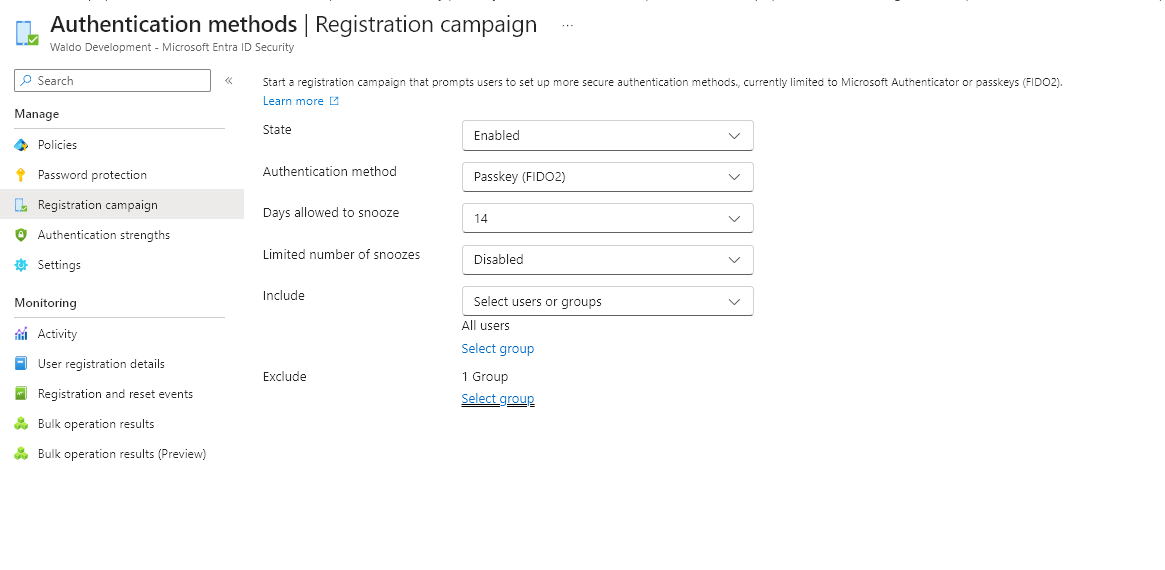 MFA Registration Campaign panel in the Entra admin center.