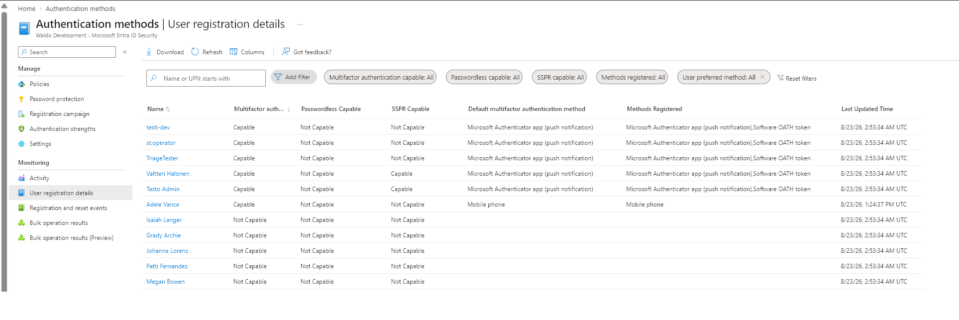 User registration details panel in the Entra admin center.