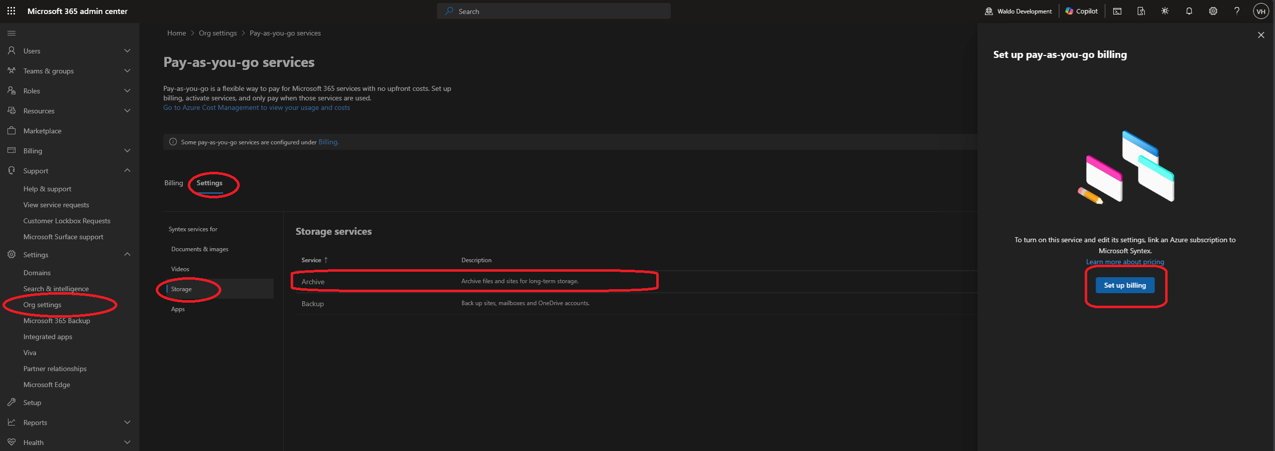 Microsoft 365 admin center page for enabling Archive through pay-as-you-go billing.
