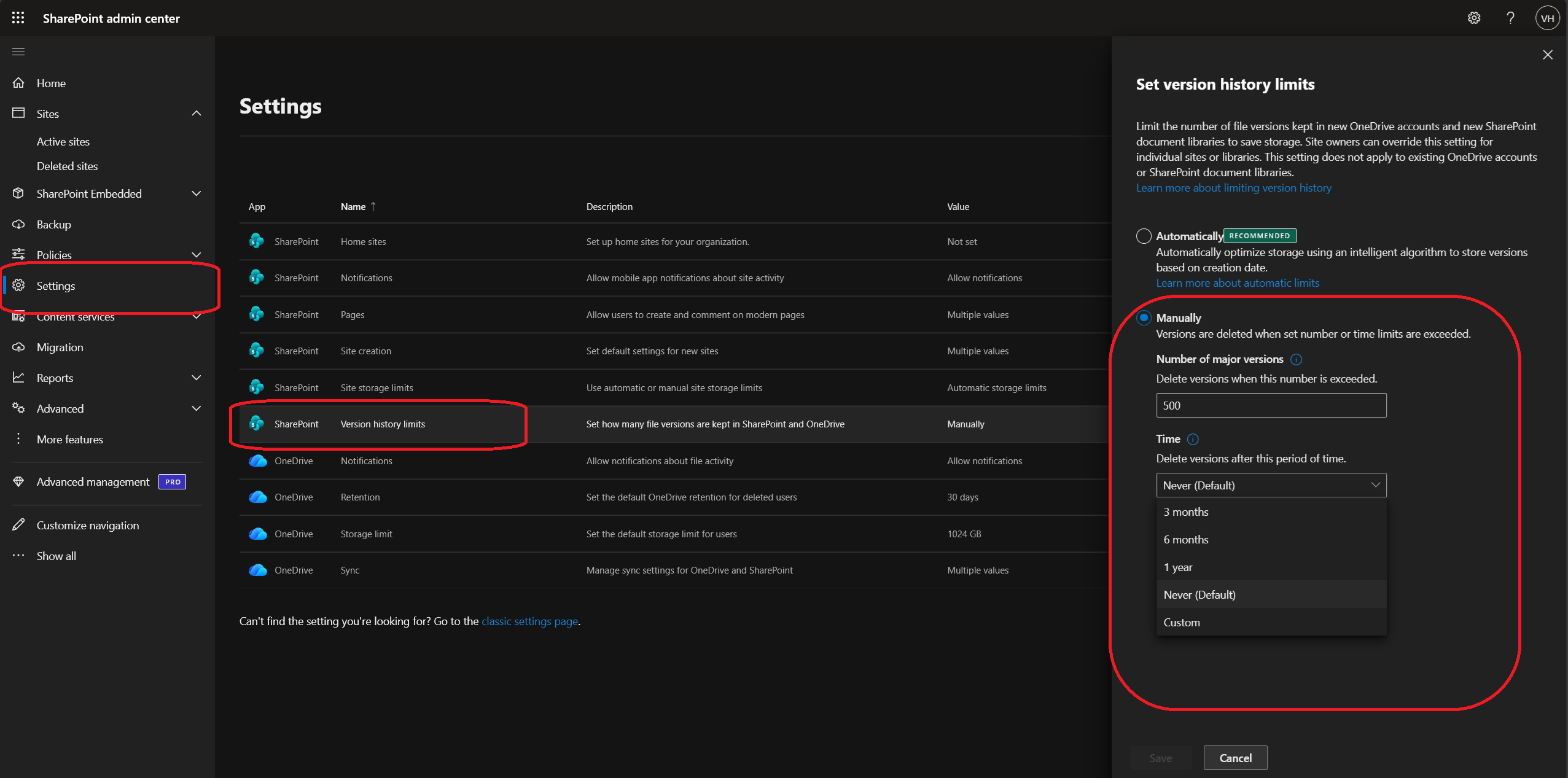 Organization-level version history limit settings in the SharePoint admin center.